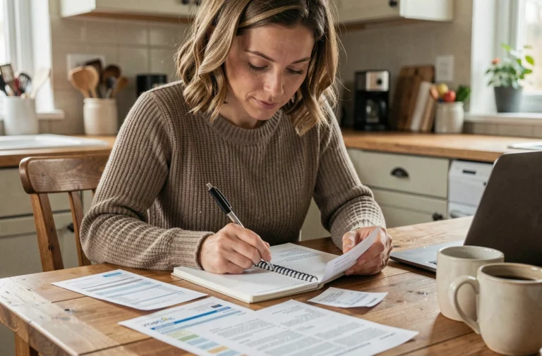 Femme gérant son budget personnel avec des relevés bancaires et un carnet de notes sur une table en bois