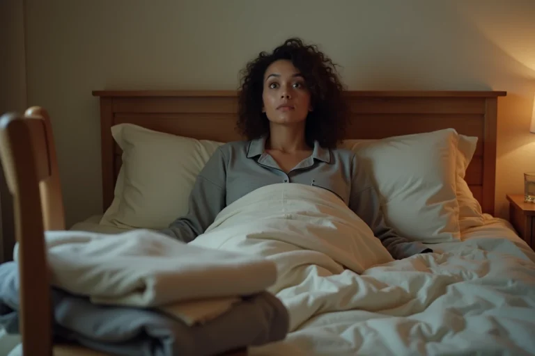 Femme allongée dans son lit regardant une chaise en face d'elle, illustrant la superstition sur le sommeil