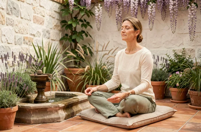 Femme méditant sur coussin en lin dans un jardin relaxant avec fontaine et lavande