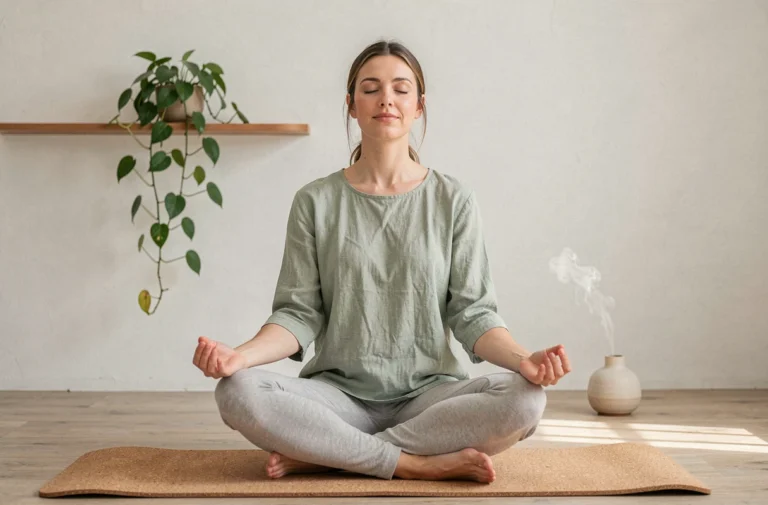 Femme en méditation sur un tapis de yoga en liège dans un studio minimaliste, illustrant les tendances bien-être et santé mentale