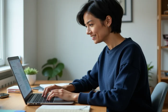 Femme naviguant sur le plan du site d'un journal en ligne depuis son bureau à domicile