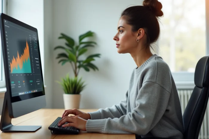 Une femme travaillant sur l'optimisation SEO de son site web devant un écran d'ordinateur dans un bureau moderne