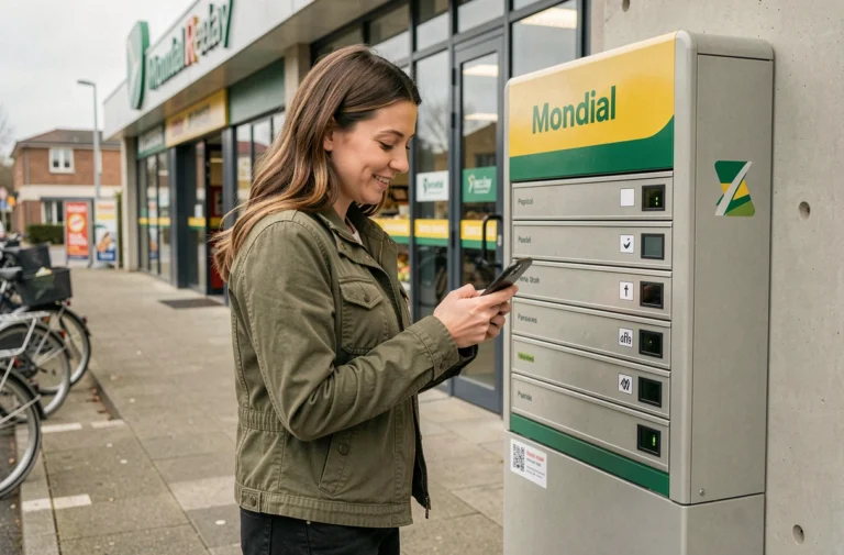 Femme scannant un QR code sur un point relais Mondial Relay devant un supermarché pour retirer un colis Vinted