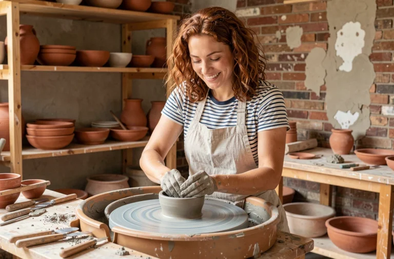 Femme rousse faisant de la poterie sur un tour dans un atelier artisanal en 2024, loisir créatif tendance