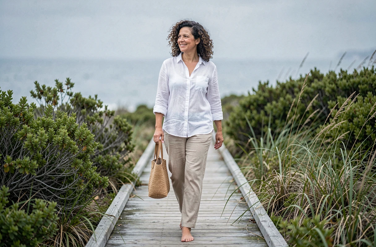 Femme se promenant pieds nus sur un chemin en bois dans une réserve naturelle côtière, représentant les tendances bien-être axées sur la reconnexion avec la nature