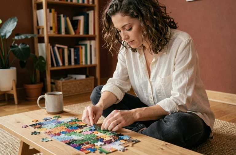 Femme assemblant un puzzle coloré sur le sol d'un appartement cosy, idée de loisir créatif pour occuper son temps libre