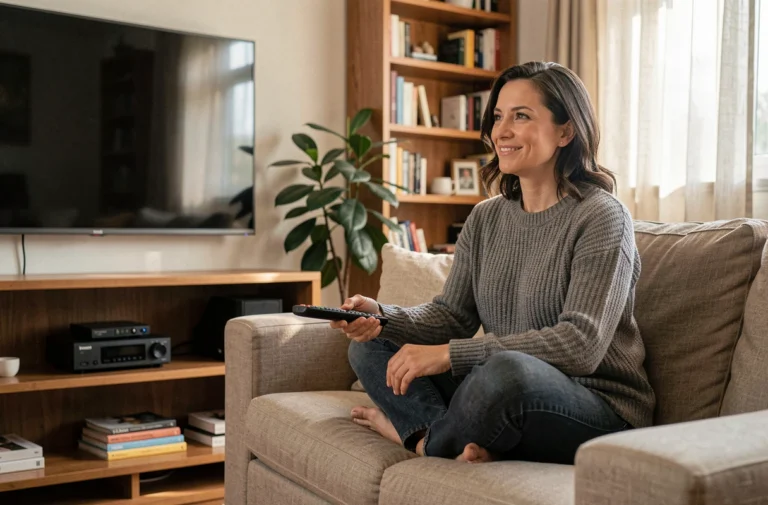 Femme regardant la télévision en direct depuis son salon confortable avec une télécommande à la main