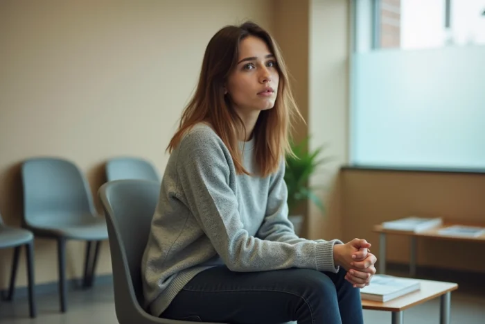 Femme enceinte inquiète assise dans une salle d'attente de cabinet gynécologique lors d'un suivi échographique en début de grossesse