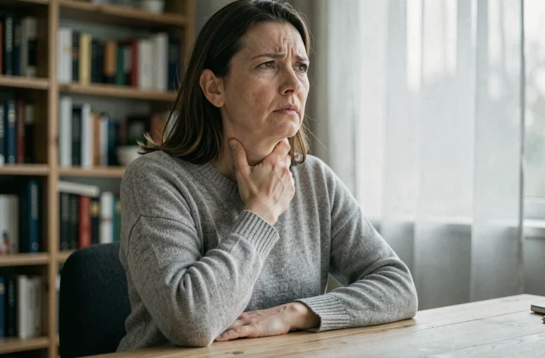 Femme stressée assise à son bureau, main posée sur la gorge, illustrant la sensation de boule dans la gorge liée à l'anxiété
