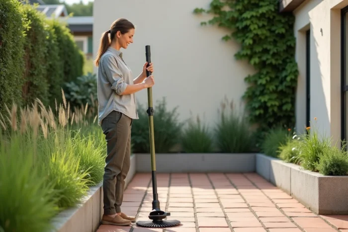 Femme testant l'ergonomie d'un taille-bordure filaire télescopique dans un jardin urbain contemporain avec bordures de graminées