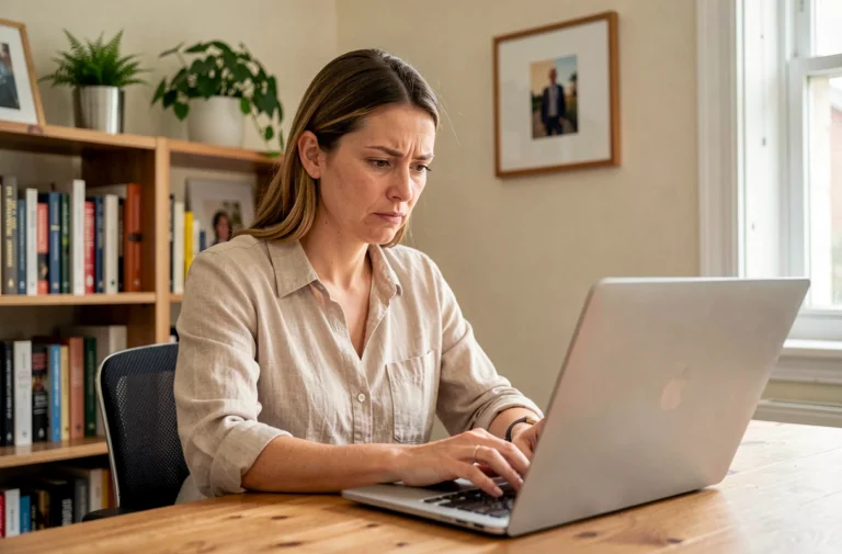 Femme consultant des avis clients sur Zelok depuis son ordinateur portable dans un bureau à domicile