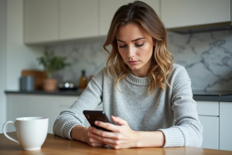 Femme consultant son autorisation de découvert sur l'application mobile Crédit Agricole depuis sa cuisine