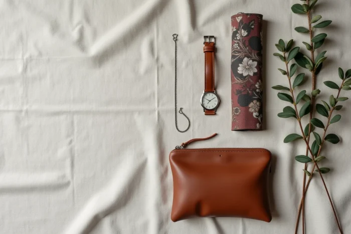 Flat lay éditorial d'accessoires de mode incontournables — montre analogique, bracelet argenté, pochette cognac et carré de soie sur lin texturé