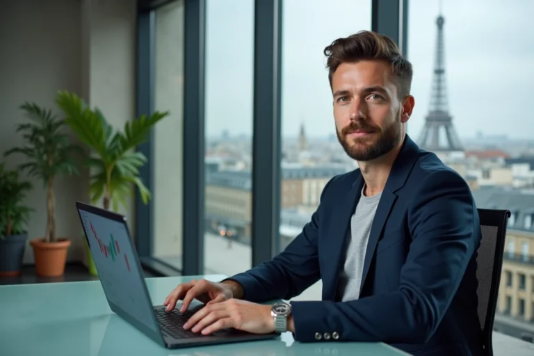 Fondateur de startup fintech travaillant sur ordinateur portable dans un bureau moderne parisien avec vue sur la ville