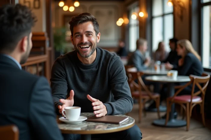 Fondateur de startup en interview dans un café parisien discutant de revenus et de succès entrepreneurial