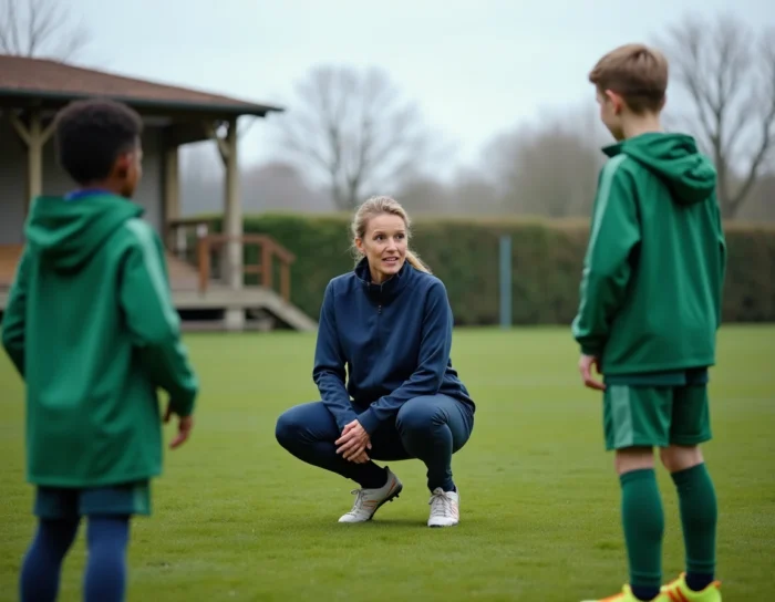 Entraîneuse bienveillante encadrant des jeunes footballeurs et footballeuses d'horizons divers sur un terrain municipal en France rurale