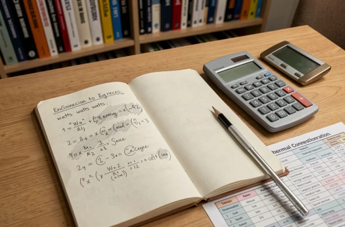 Cahier d'ingénierie avec formules de conversion watts en degrés Celsius posé sur un bureau en bois