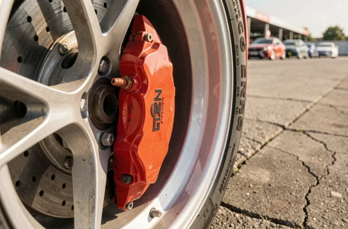 Étrier de frein haute performance rouge et disque rainuré installés sur une roue de voiture de sport lors d'une journée circuit