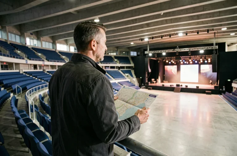Homme debout dans les gradins supérieurs de Bercy Arena, tenant un plan de la salle et observant la scène au loin