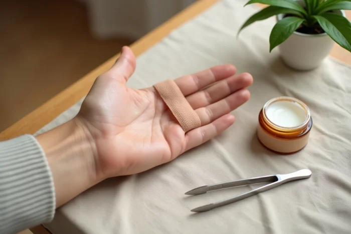 Gros plan sur une main bandée avec pommade cicatrisante pour soigner un ongle arraché à domicile