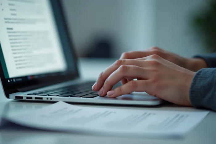 Gros plan de mains appuyant sur les touches Ctrl et P d'un clavier d'ordinateur portable pour imprimer