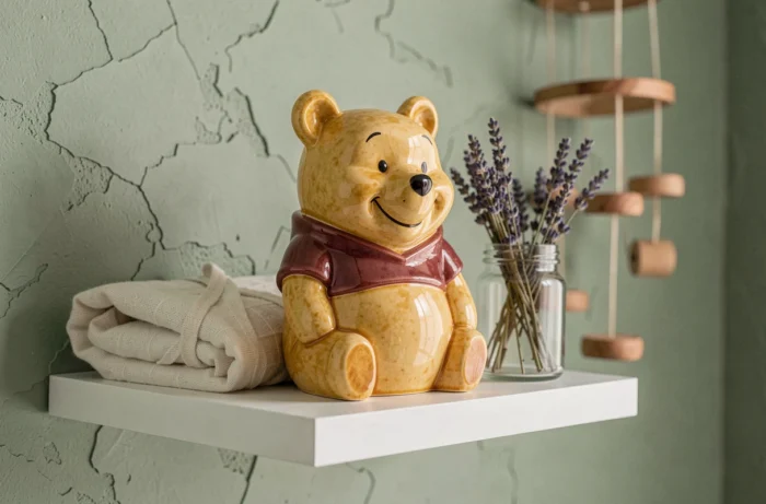 Gros plan sur une veilleuse Winnie l'Ourson en céramique posée sur une étagère de chambre de bébé avec une mousseline et de la lavande séchée
