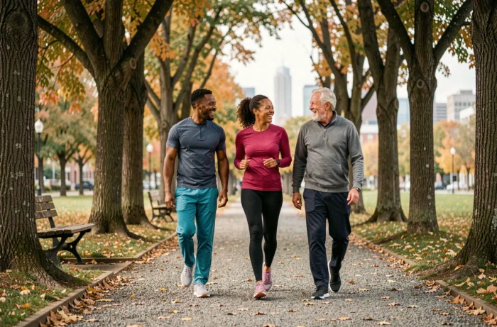 Groupe d'adultes marchant ensemble dans un parc urbain en automne pour maintenir une activité physique régulière et préserver leur santé