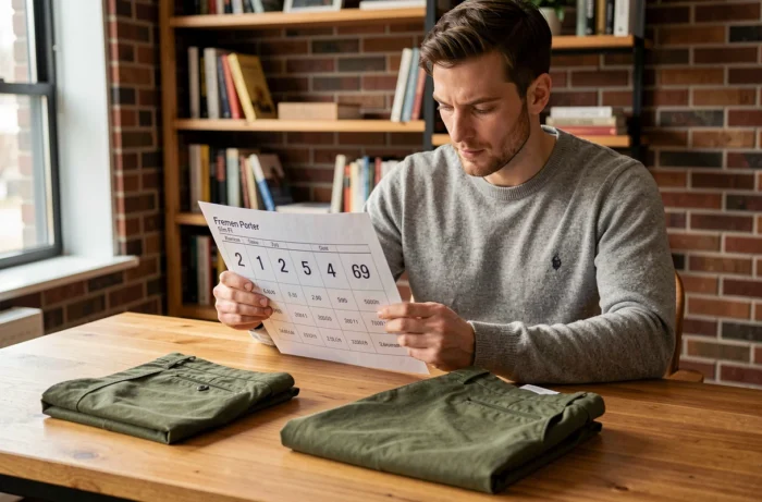 Homem consultando um guia de tamanhos Freeman Porter em seu escritório com um chino oliva cuidadosamente dobrado, para escolher o tamanho certo