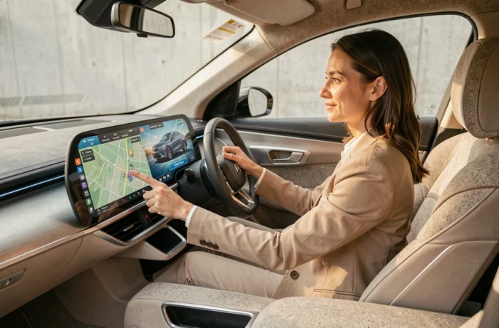 Femme au volant d'un habitacle automobile futuriste avec tableau de bord tactile incurvé et matériaux durables
