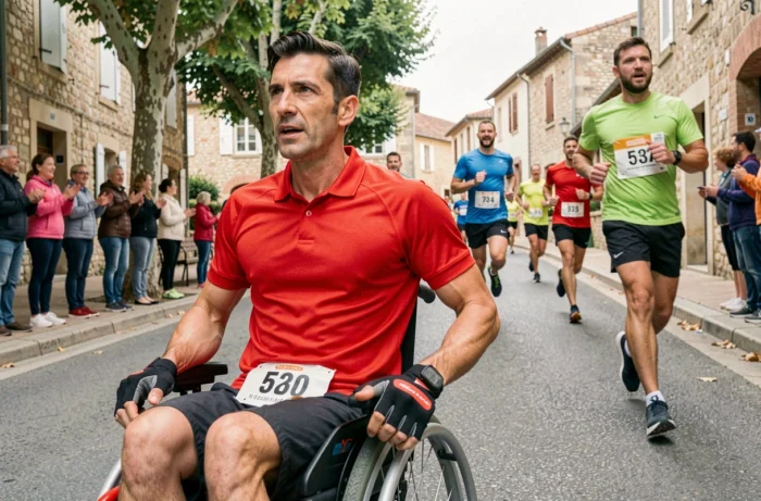 Athlète en fauteuil roulant participant à une course à pied communautaire en ville française, symbole de solidarité et d'inclusion handisport
