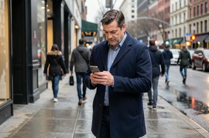 Homme lisant les dernières actualités sur smartphone dans une rue animée de la ville
