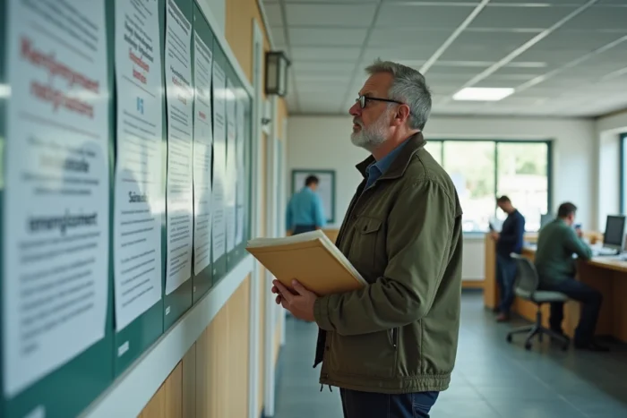 Un homme de 55 ans consultant un tableau d'information dans une agence pour l'emploi sur les droits retraite liés au CSP