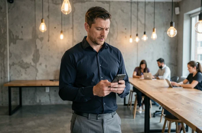 Homme analysant la fiabilité des avis sur une plateforme immobilière depuis son smartphone dans un espace de co-working