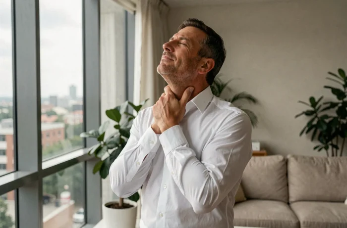 Homem ansioso em pé perto de uma janela, mão na garganta, representando o estresse e a sensação física de opressão na garganta