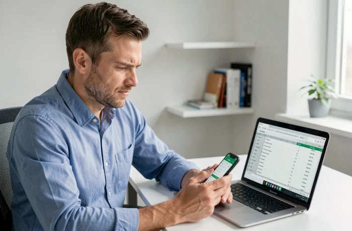 Homme consultant une application de finances personnelles sur smartphone dans un bureau à domicile moderne