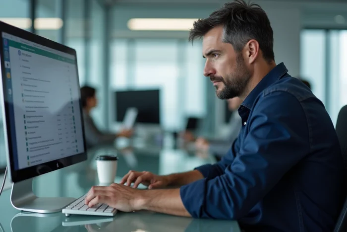 Homme d'affaires vérifiant l'horodatage d'un e-mail sur un ordinateur de bureau en open space