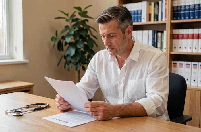 Homme consultant des documents de santé lors d'une consultation médicale dans un bureau professionnel calme