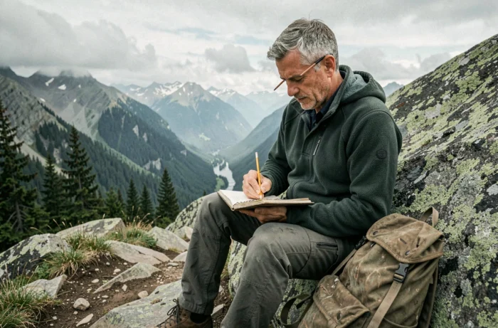 Homme qui dessine dans un carnet de croquis sur un sentier de montagne alpin, loisir plein air incontournable