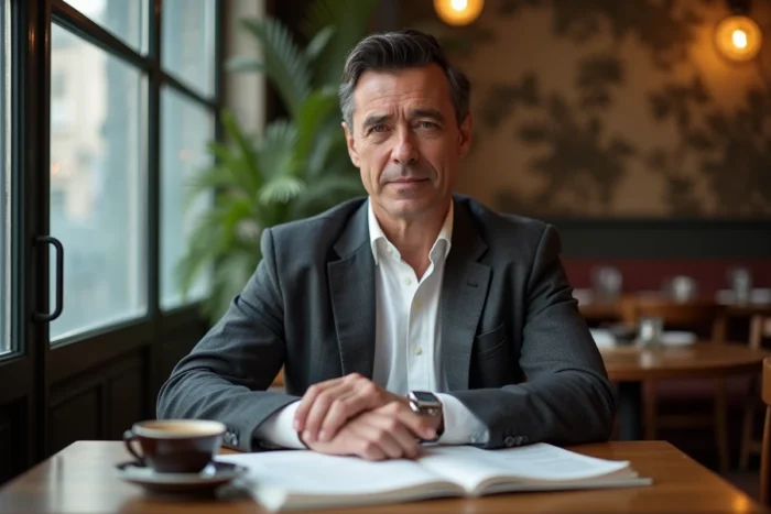 Homme discret élégant assis dans un café parisien avec des partitions mari dans l'ombre d'une personnalité