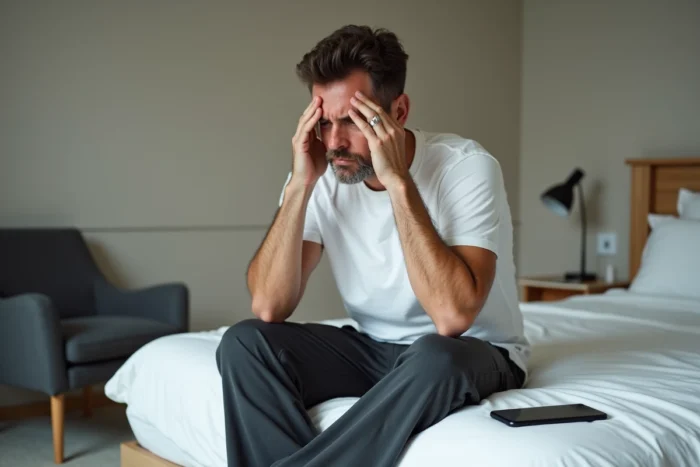 Homme fatigué assis au bord de son lit avec une chaise en arrière-plan, évoquant les troubles du sommeil et les superstitions