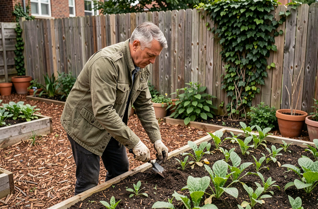 Homme jardisant dans un potager urbain en plein air, activité de loisir en pleine nature pour se ressourcer le week-end