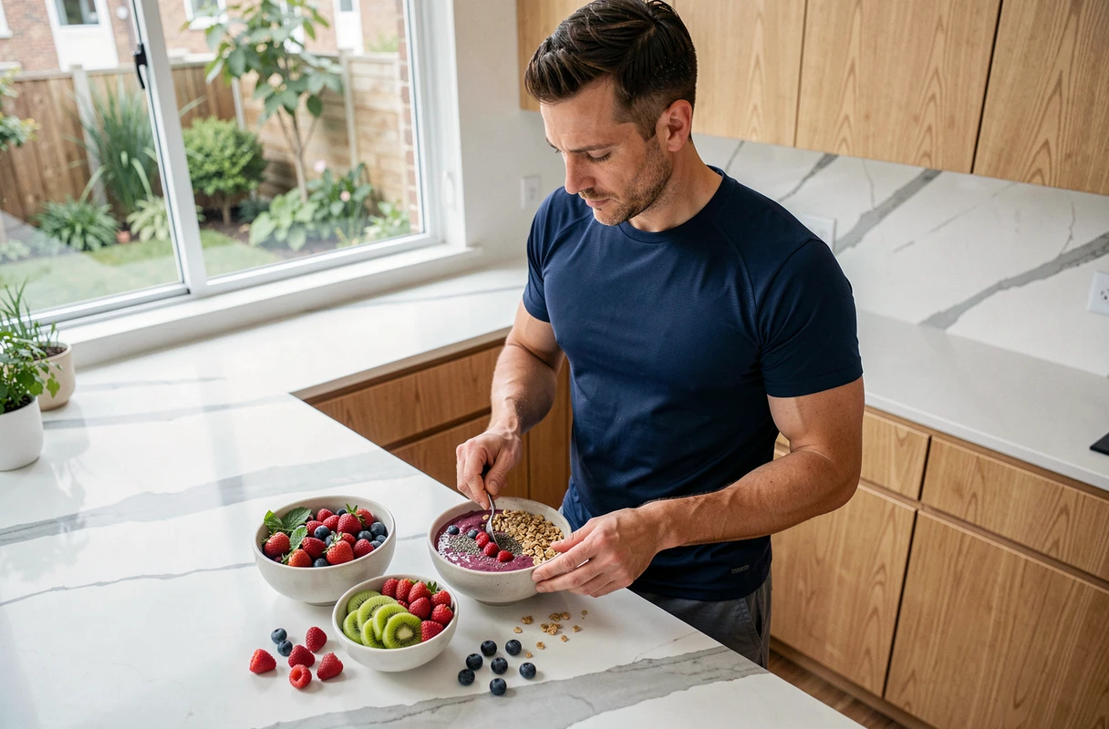 Homme préparant un bol de smoothie aux fruits frais dans une cuisine moderne, symbolisant les nouvelles tendances nutrition et alimentation saine