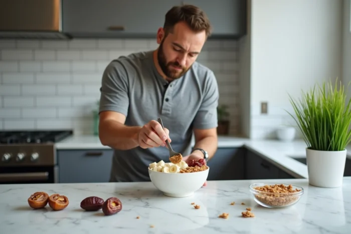 Homme préparant un smoothie bowl garni de dattes, bananes et granola sur un plan de travail en marbre dans une cuisine moderne
