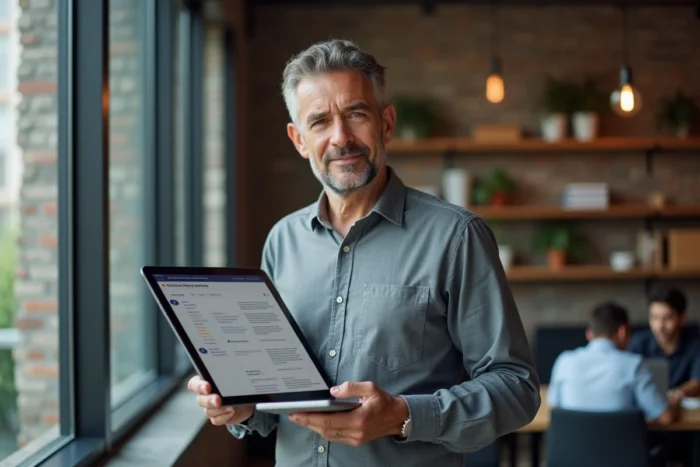 Homme consultant le plan de navigation d'un site d'actualités sur une tablette en espace de coworking