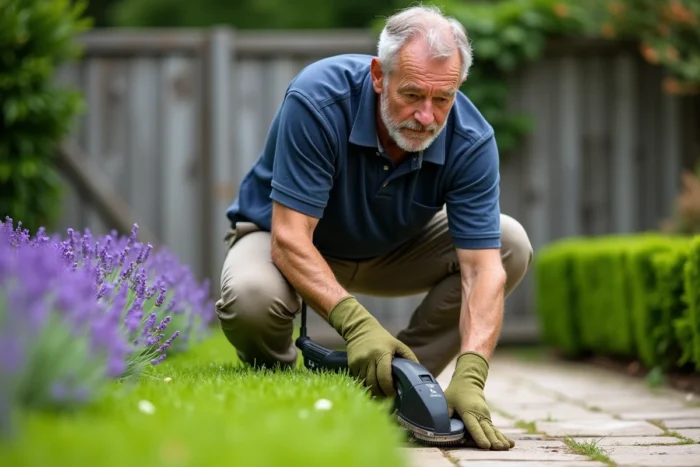 Homme utilisant un taille-bordure électrique sans fil pour entretenir les bordures d'une pelouse bien soignée dans un jardin français