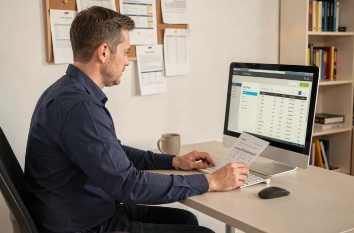 Homme en télétravail accédant à ses anciens bulletins de salaire via le portail en ligne Arkevia depuis son bureau à domicile