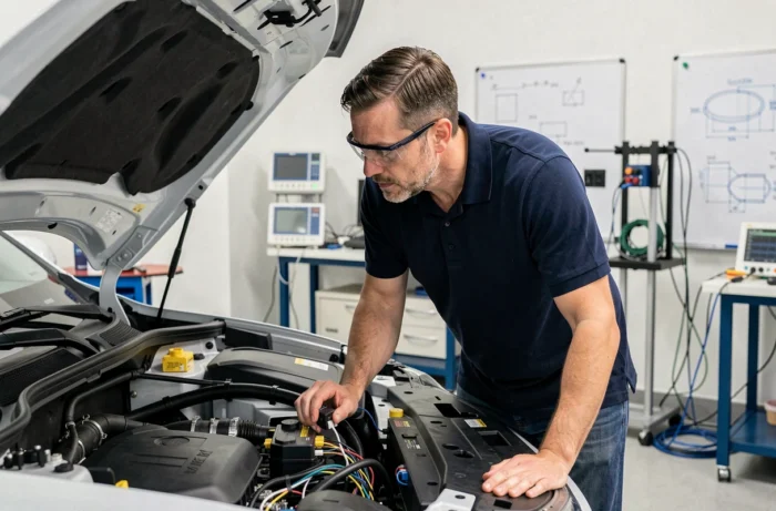Ingénieur automobile examinant le compartiment moteur d'un SUV hybride prototype dans un laboratoire de recherche technique