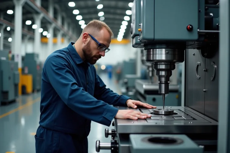 Ingénieur industriel inspectant une fraiseuse CNC dans une usine moderne de mécanique industrielle
