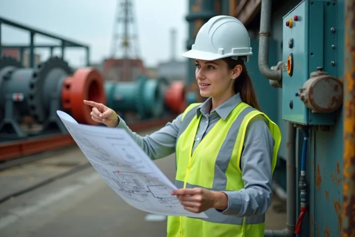 Engineer consulting a hydraulic diagram in front of an outdoor industrial installation