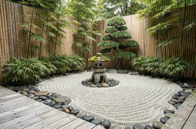 Coin de jardin zen japonais avec gravier ratissé, pierres naturelles et lanterne en pierre mousseuse